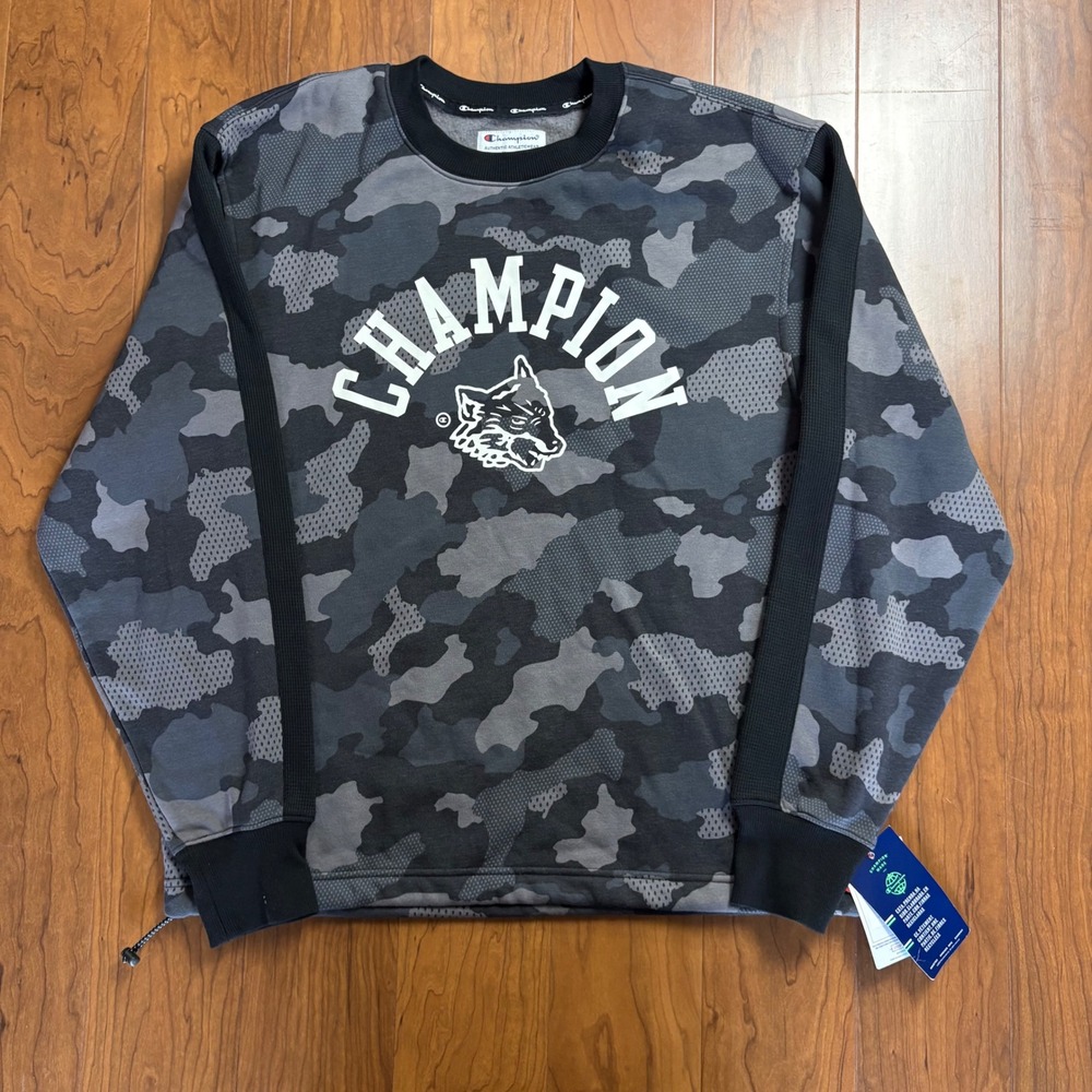 Champion Mens Camo Wolf Logo Crewneck Sweatshirt Gray Black Gorp Medium NWT